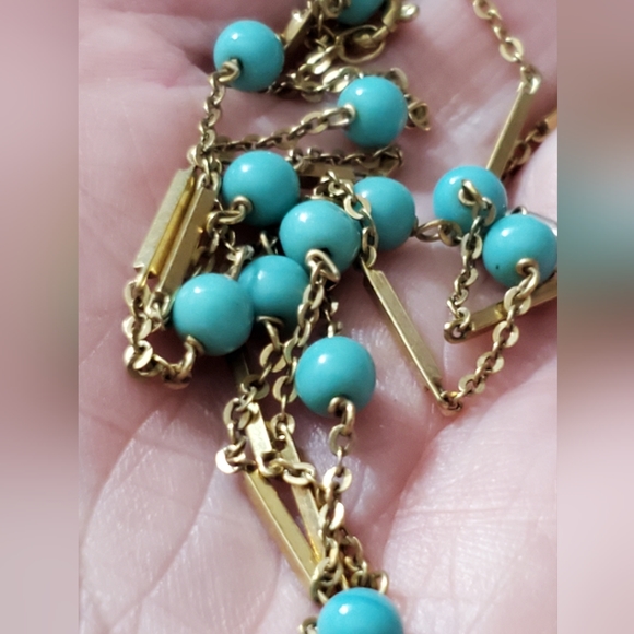 Solid 14k gold turquoise cable link chain station necklace 25" Italy vtg chain - Picture 8 of 11